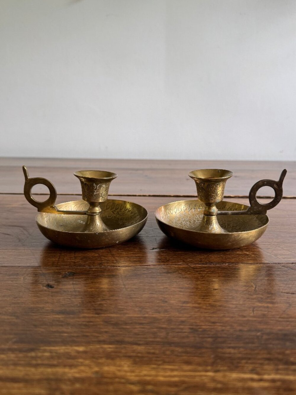 Vintage Brass Etched Floral Candle Holder Pair - Made in India